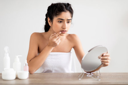 Upset young indian woman touching lips in front of mirror, suffering herpesの写真素材