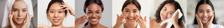 Beauty Concept. Portraits Of Happy Multiethnic Women Making Skincare Treatments At Homeの写真素材