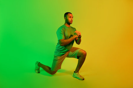 African Fitness Guy Doing Lunge Exercising In Green Neon Lightの写真素材
