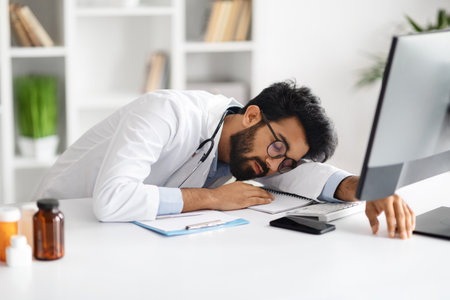 Exhausted indian doctor sleeping at desk at clinicの写真素材