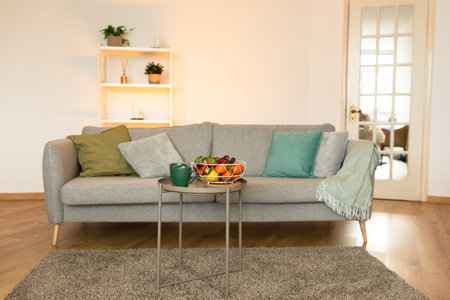 Shot Of Living Room With Gray Sofa And Modern Furniture