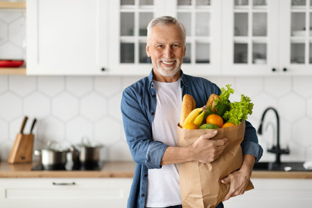 Handsome Senior Man Posing In Kitchen With Paper Bag Of Groceriesの写真素材