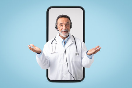 Friendly old man doctor in white coat in headphones spreads arms to sides in big smartphoneの写真素材