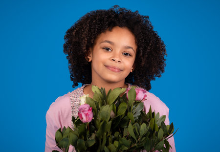 Positive african american little girl with bouquet of flowers enjoy birthday