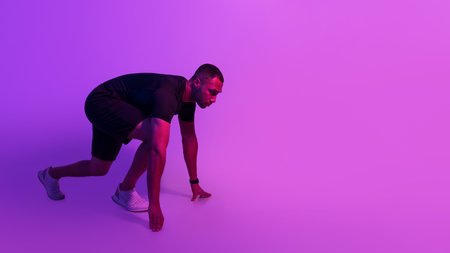Sporty Black Runner Man Doing Crouch Start Over Purple Background