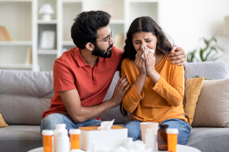 Care And Support. Loving Indian Man Caring About Ill Wife Suffering Fluの写真素材