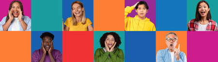 Laughing shocked millennial multiracial men and women with free space on colorful studio backgroundの写真素材