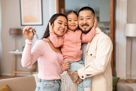 Korean Parents And Baby Daughter Showing New House Keys Indoorsの写真素材