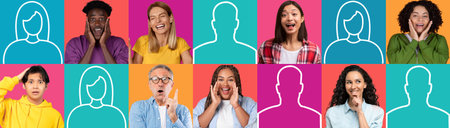 Laughing shocked young and adult multiracial people think, got idea with copy spaceの写真素材