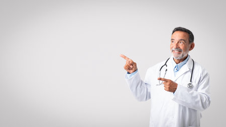 Happy friendly european aged man doctor in white coat with stethoscope points fingers at free spaceの写真素材