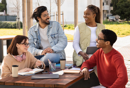 Cheerful international millennial students study and prepare project together at table with gadgetsの写真素材