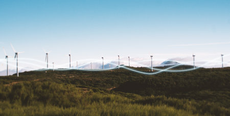 Landscape With Windmills Turbines Generating Electiricity And Light Lines, Collage