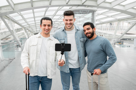 Travelers Men Making Selfie Sharing Trip Moments Online In Airportの写真素材