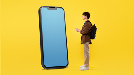 Guy Using Smartphone Looking At Huge Cellphone Screen In Studio