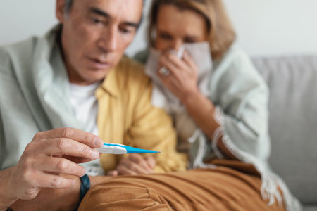 Seasonal flu. Worried senior man taking care of his ill wife at home, looking at thermometer with...