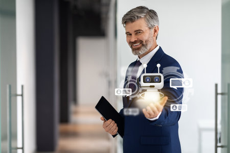 Middle aged businessman working on digital tablet at officeの写真素材