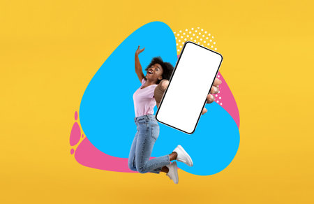 Mobile Ad. Excited Black Lady Jumping With Blank Smartphone Over Colorful Background