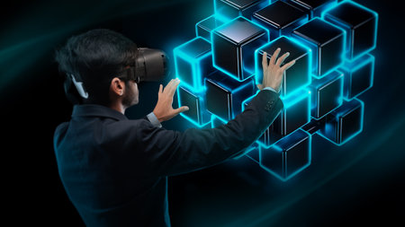 Businessman wearing virtual reality glasses touching blue glowing holographic cubes, planning...