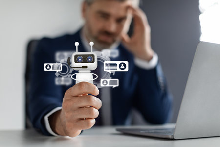 Stressed businesman sitting at desk, holding robot, chat gpt conceptの写真素材