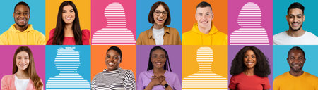 Portrait of positive inspired young multiracial people on colored studio background, with copy space