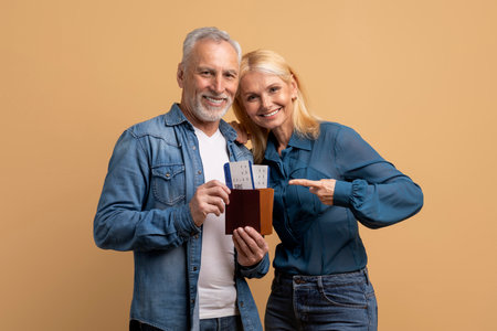 Happy senior travellers man and woman showing passports, ticketsの写真素材