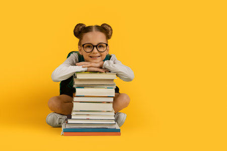 Back To School. Cute Little Schoolgirl Leaning At Book Stack And Smilingの写真素材