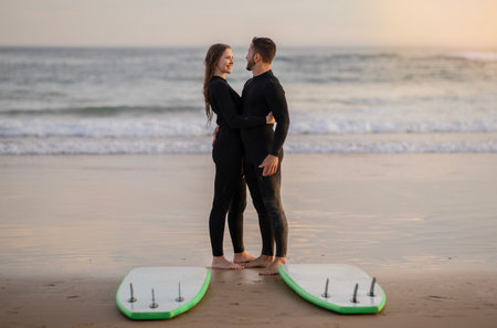 Romantic Surfers Couple Having Date On The Beach, Embracing And Smilingの写真素材