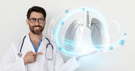 Cheerful doctor pointing at hologram of human lungs, collageの写真素材