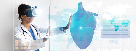 Cardiologist using VR goggles to study patient health data