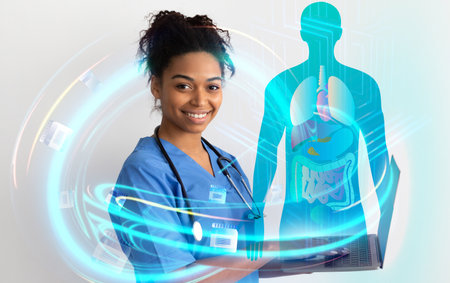 Young black woman doctor using laptop, checking patient anamnesisの写真素材