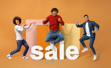 Arabic Guys Jumping Near Shopper Bags And Word Sale, Collage