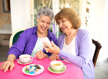Two happy senior women friends using modern smartphone in cafeの写真素材