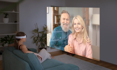 Woman Wearing VR Headset Communicating Online With Senior Parents Indoor