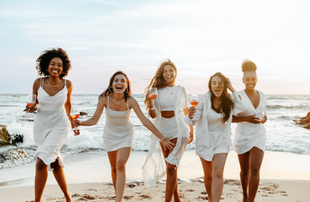 Brides team. Group of happy ladies dancing and having fun on the beach, having hen party at coastlineの写真素材
