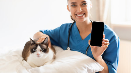 Veterinarian Lady With Cat Patient Showing Smartphone Empty Screen Indoorの写真素材