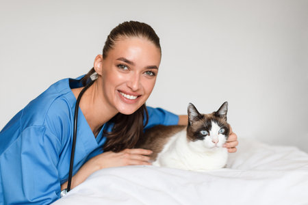 Veterinarian Woman Interacting With Cat, Examining Feline Patient At Clinicの写真素材