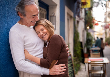 Happy Mature Couple Embracing And Laughing Standing On Street Outdoorの写真素材