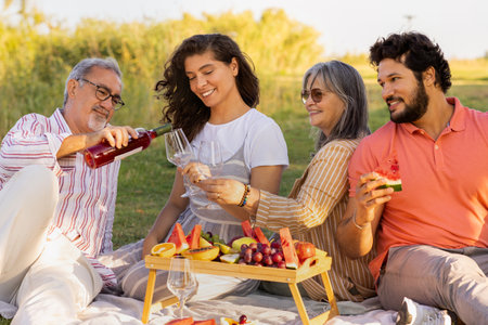 Cheerful european old and millennial family enjoy picnic, fruit and food, pouring wine in glass in...
