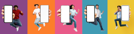 overjoyed multiethnic millennials showing phones while jumping on colorful backgrounds