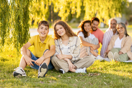 Cheerful caucasian teen boy and girl relax with parents and grandparents, enjoy picnic in parkの写真素材