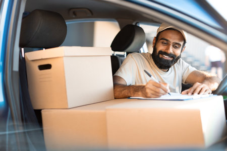 Cheerful Deliveryman Taking Notes On Boxes Delivering Order By Automobile