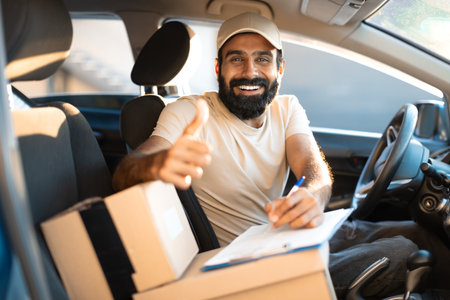 Courier Man Sitting With Carton Boxes And Packages In Automobileの写真素材