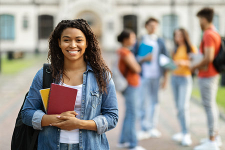 Loans for education concept. Portrait of happy black female student posing outdoorsの写真素材