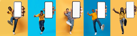 Overjoyed multiethnic guys showing phones while jumping on colorful backgrounds