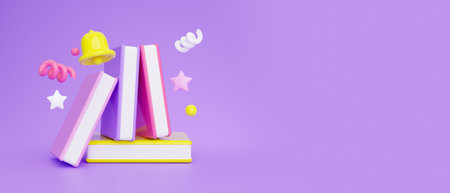 Educational Banner With School Books And Icons Over Purple Backgroundの写真素材