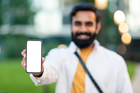 Happy Indian Man Holding Blank Smartphone Screen In Urban Areaの写真素材