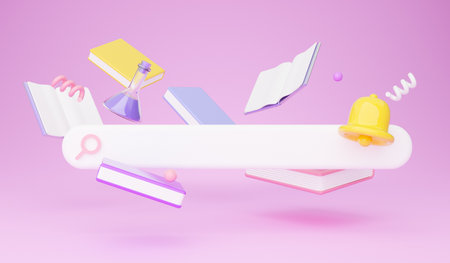 Online Search Icon And School Books Over Pink Background, Collageの写真素材