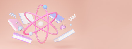 Pink Background With Atom Molecule Model And School Books, Panoramaの写真素材