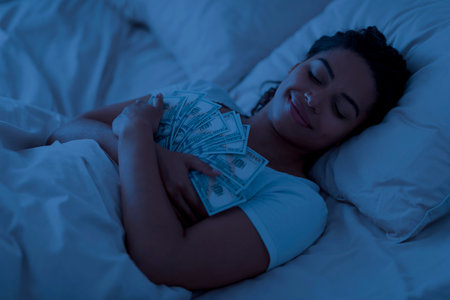 Beautiful Smiling Black Woman Speeping With Dollar Cash In Hands In Night