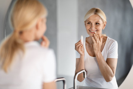 Beautiful Mature Woman Looking At Mirror And Applying Moisturising Lip Balmの写真素材